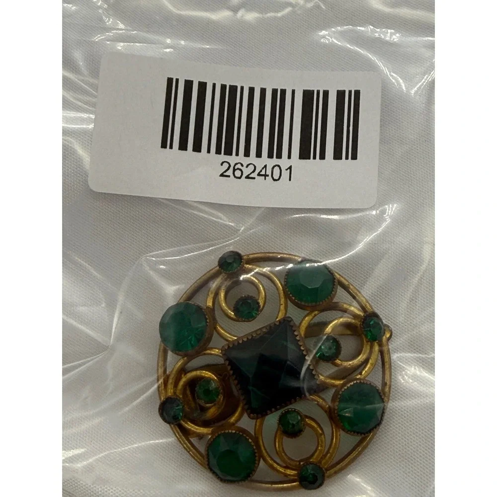 Vintage Emerald Green Glass Gold Tone Scrollwork Edwardian Dress Clip